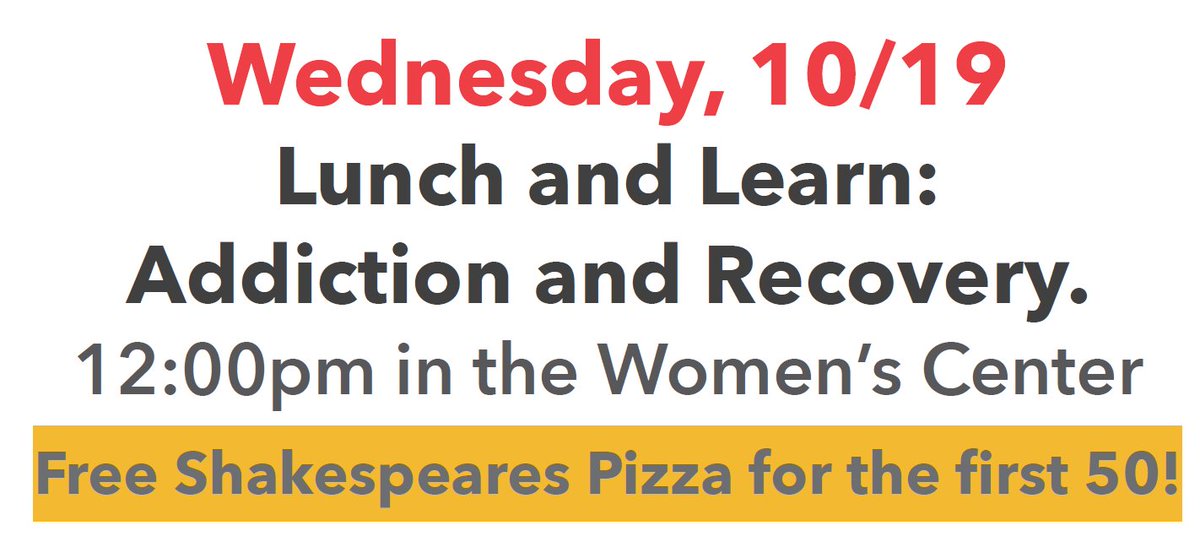 mizzouwellness's tweet image. Please join us tomorrow in the Women's Center at noon to learn about addiction and recovery while eating FREE Shakespeare's Pizza!!