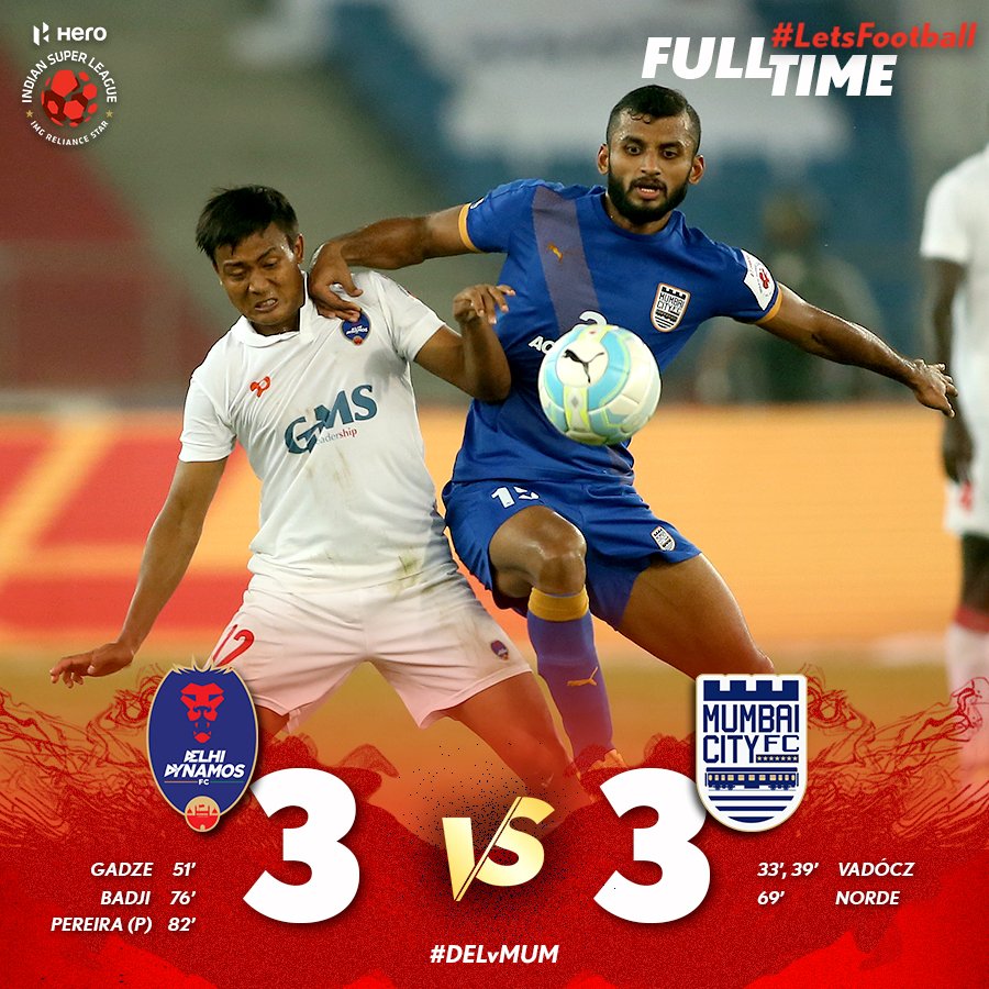 FULL TIME! A goal fest comes to an end as @DelhiDynamos & @MumbaiCityFC share the points. #DELvMUM #LetsFootball https://t.co/uv6cpNOiXt