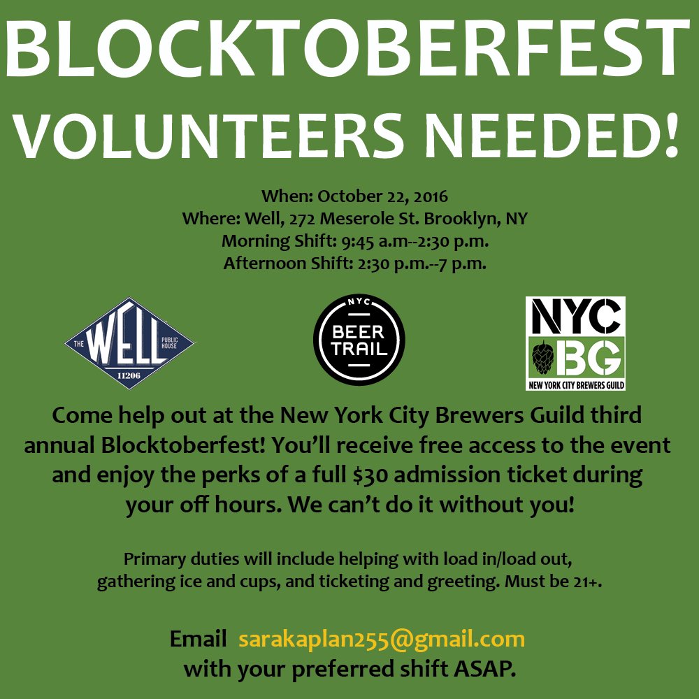 NYCBeerTrails's tweet photo. Open call for #Blocktoberfest volunteers this Saturday! See the beer world behind the scenes! Help your local beer community! Get in free! https://t.co/YRqJZr1sgp