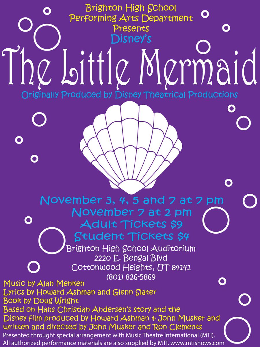 bhsplayers's tweet photo. Make sure to come see our production of the Little Mermaid on November 3rd, 4th, 5th, and 7th at 7pm and the 5th at 2pm! @bengalsbhs https://t.co/awcADq4IAB