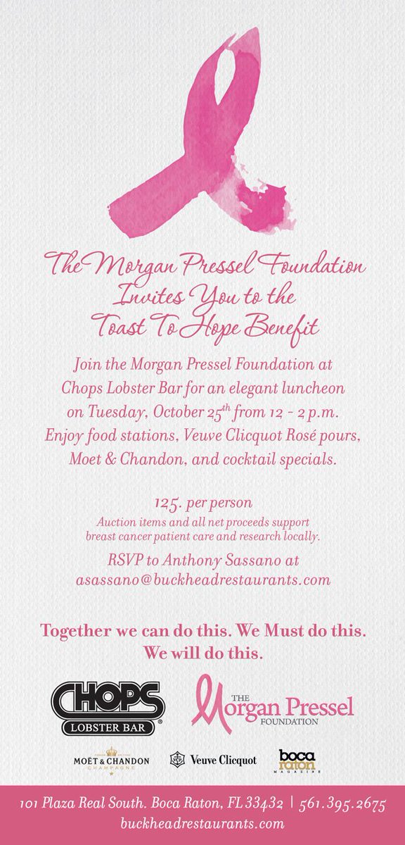 Morgan Pressel (@mpressel) on Twitter photo Please join me and the <a href="/MP_Foundation/">Morgan P Foundation</a> at <a href="/ChopsLobsterBar/">Chops Lobster Bar</a> in Boca Raton on Oct 25th! RSVP today!! Please join me and the <a href="/MP_Foundation/">Morgan P Foundation</a> at <a href="/ChopsLobsterBar/">Chops Lobster Bar</a> in Boca Raton on Oct 25th! RSVP today!!