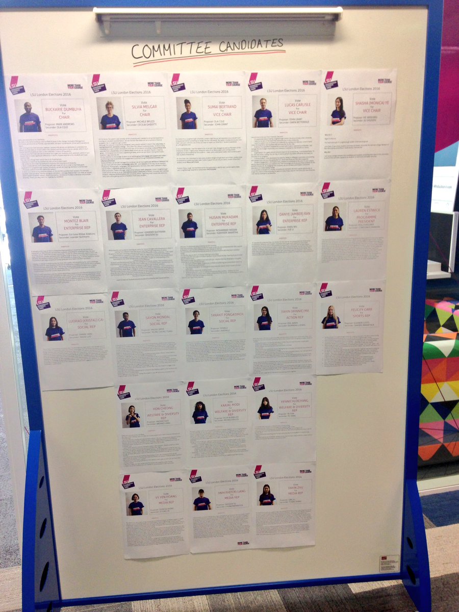 LSULondon's tweet photo. Our candidates are on the wall! Who will be part of your new Committee or Programme Rep team? #elections #LE2016 https://t.co/onRMAtQHpD