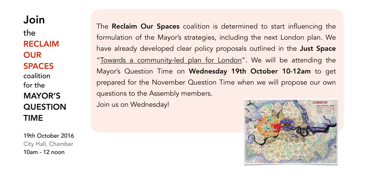 justspace7's tweet photo. Join the #reclaimourspaces coalition tomorrow 19th Oct (10am-12 noon) for the Mayor's Question Time at City Hall. https://t.co/kir6wrBuC1