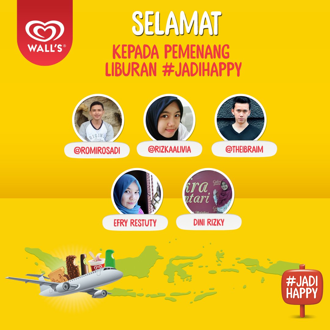 wallsidn's tweet photo. Ini dia  5 pemenang hadiah utama liburan #JadiHappy bareng 4 orang geng kamu ke mana aja di Indonesia! Congrats yah! https://t.co/cuxN10pYZq