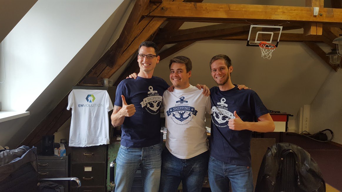R3d1st's tweet image. Big Thanks from the #Dev-Team of @EmvolutionGer to @codeship for the sweet swag! Great platform, great service! 
Keep on #codeshipping !