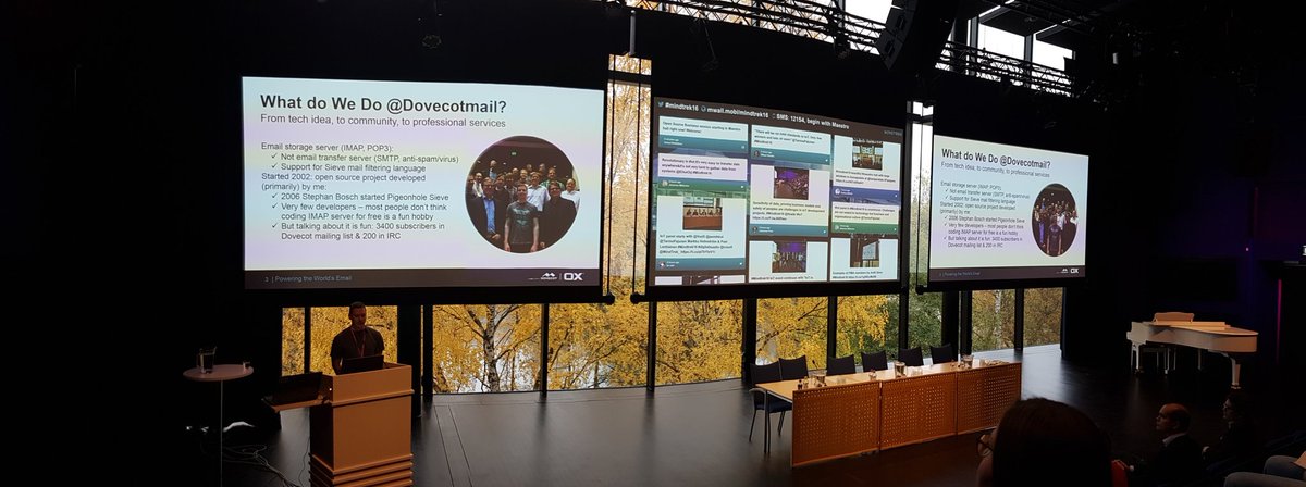 Timo Sirainen on the story of <a href="/dovecotmail/">DOVECOT</a> 
This Maestro auditorium is amazing btw. 
#mindtrek16