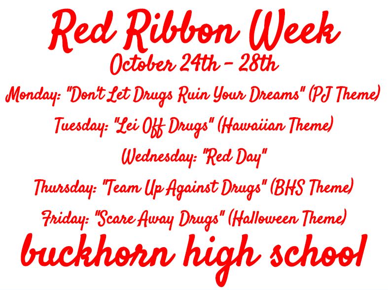 Buckhorn_High's tweet photo. #RedRibbonWeek at The "Horn is NEXT week, 10/24-10/28. Be yourself. #YOLObedrugfree @BHSJooiClub @Buckhorn2017 @Buckhorn2018 @Buckhorn2019 https://t.co/hRZCnPcyxt