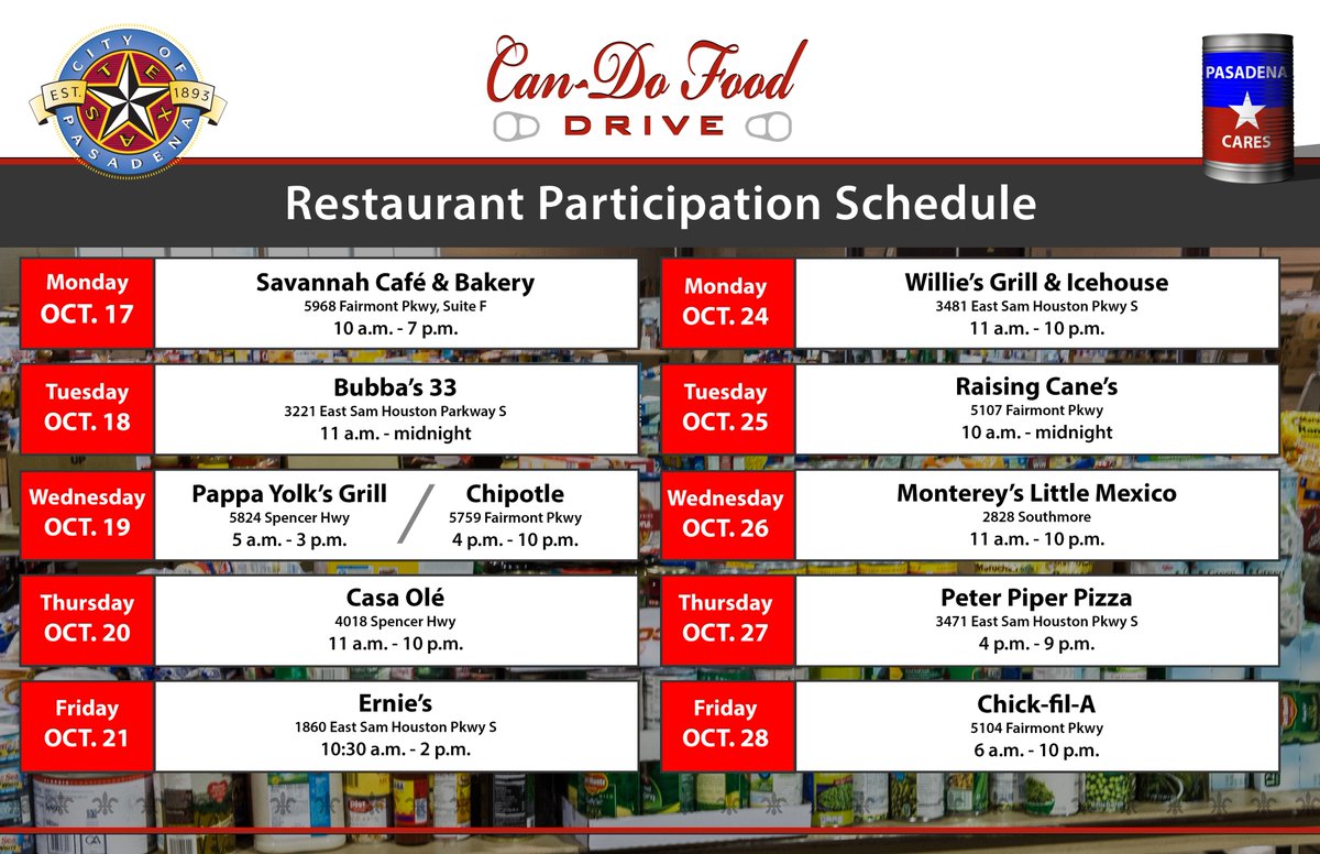 pasadenatxgov's tweet photo. Bubba's 33 (3221 E Sam Houston Pkwy S) is donating 10% of sales today to food drive and will be open for lunch! Special hours: 11am-midnight https://t.co/N918oM0vYF