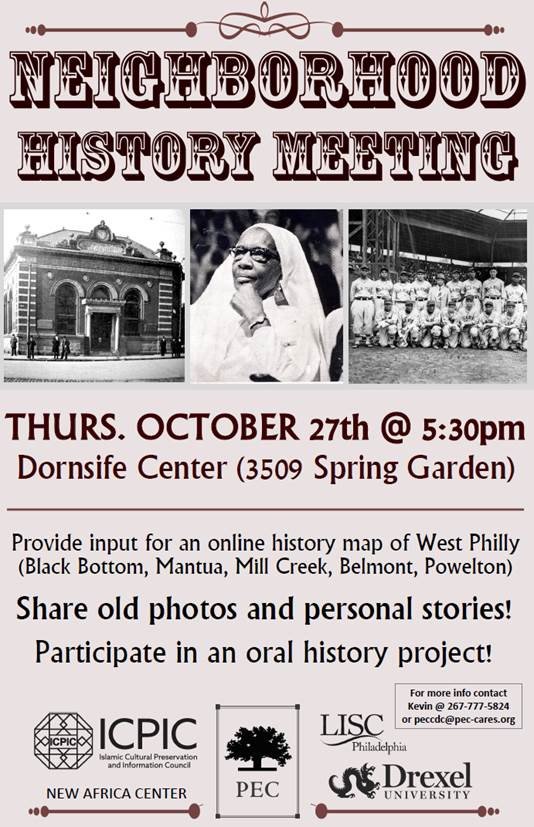 Oct. 27: Be part of history. Share your neighborhood story! @PECCaresPhilly <a href="/MVMCDC/">Mt. Vernon Manor CDC</a> @LISC_Philly <a href="/LancAvePhilly/">LancasterAvePhilly</a> <a href="/TinyWPA/">TinyWPA</a>