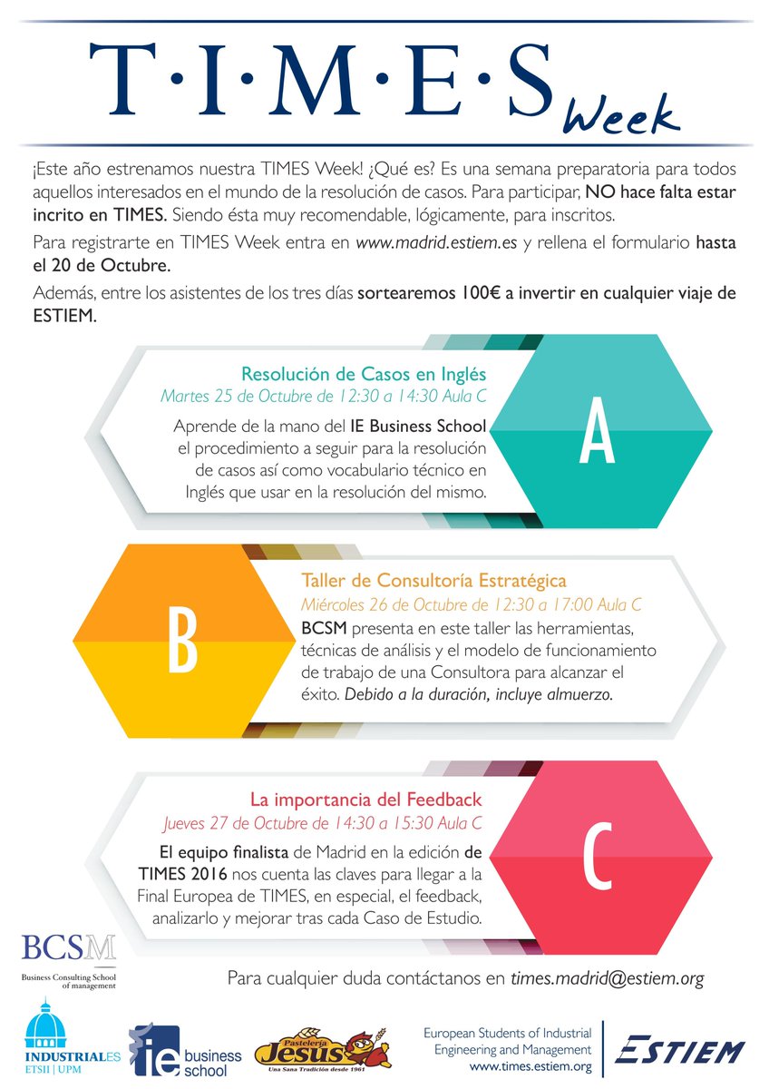 ESTIEM_Madrid's tweet image. TIMES 2016 ha llegado a @industrialesupm, apuntaos en madrid.estiem.es ¿Tu primera vez enfrentándote a un caso? TIMES Week te ayuda.