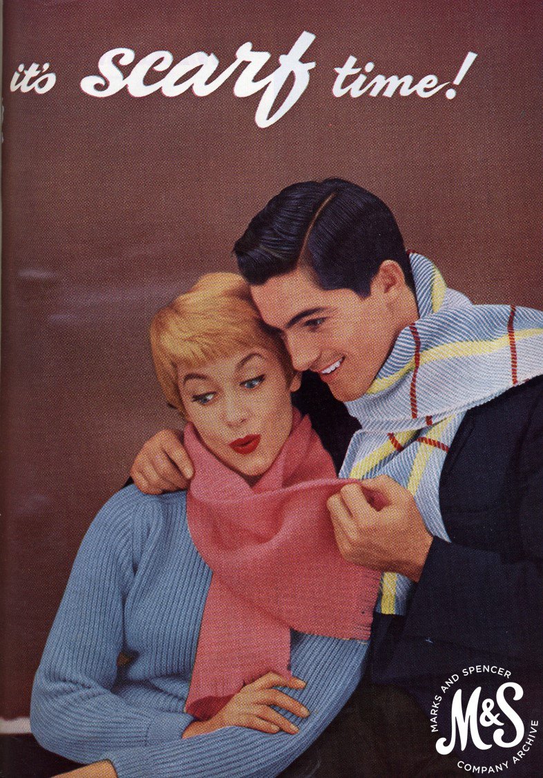 MandSHeritage's tweet photo. On this autumnal day there's no question that it's scarf time! Lovely advert from a 1958 staff magazine #scarftime #autumn https://t.co/l9VEHam3G3