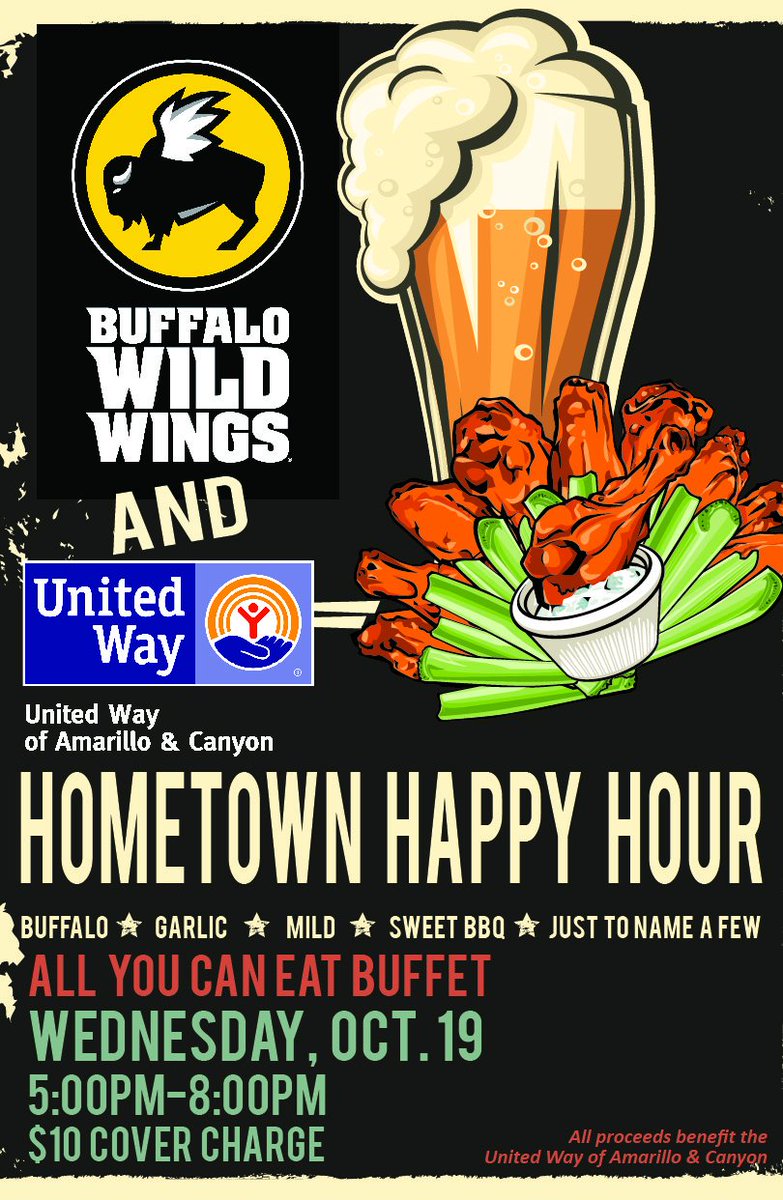 UnitedWayAMA's tweet photo. ALL you can EAT wings for $10 this Wed. at Buffalo Wild Wings for Hometown Happy Hour!@mixamarillo will be doing a live remote! #Eat4ACause https://t.co/fEZKoGR4jN