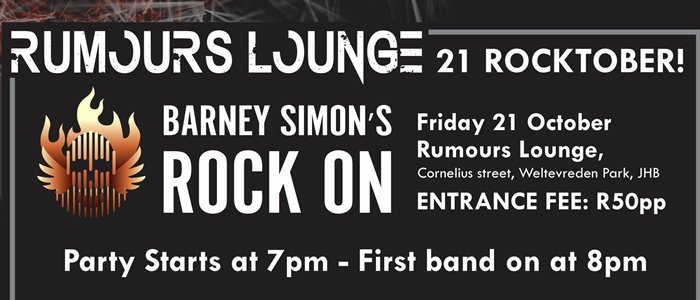 This Friday at <a href="/RUMOURSLIFE/">Rumours Lounge</a> <a href="/GalloRecordCo/">Gallo Record Company</a> 
ROCK ON! with <a href="/BarneySimon/">Barney Simon</a> <a href="/newacademics/">New Academics</a> <a href="/ONLYFOREVERBAND/">Only Forever</a> &amp; more
tinyurl.com/hjuhz3j