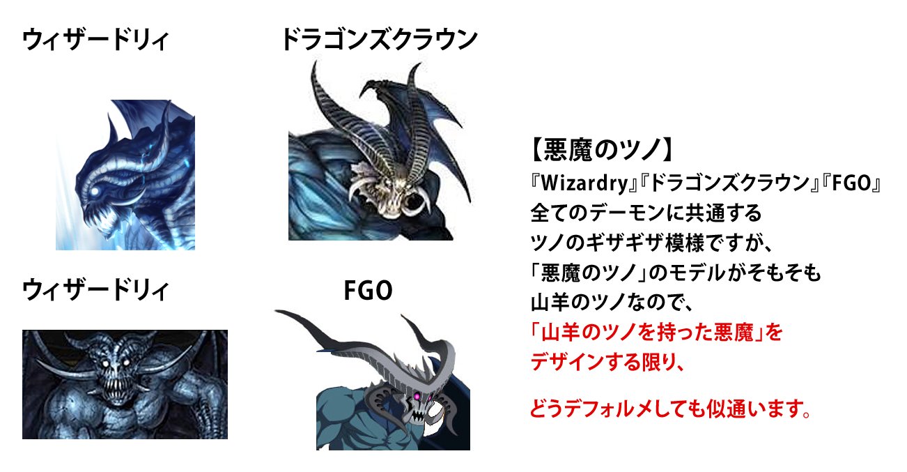 774氏らのfgoパクリ認定デマについて En Twitter ツノ Wizardry ドラゴンズクラウン Fgo 全てのデーモンに共通するギザギザ模様付きのツノですが 古典の 悪魔のツノ のモデルがそもそも山羊の ツノなので 山羊のツノを持った悪魔 をデザインする限り