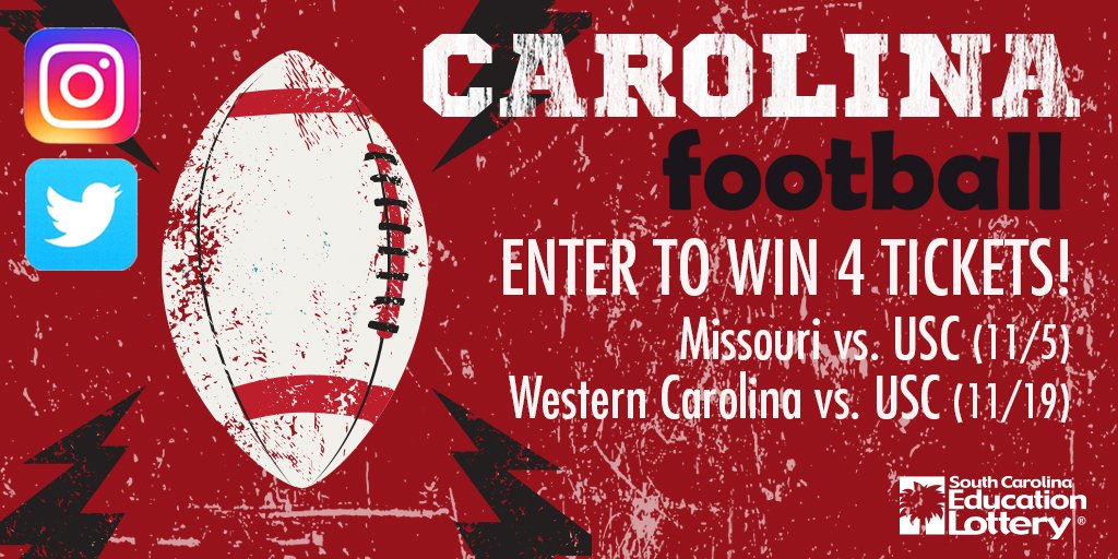 sclottery's tweet image. #Gamecock Fans, win 4 tickets to the Missouri or Western Carolina game. RT and FOLLOW @sclottery to enter!