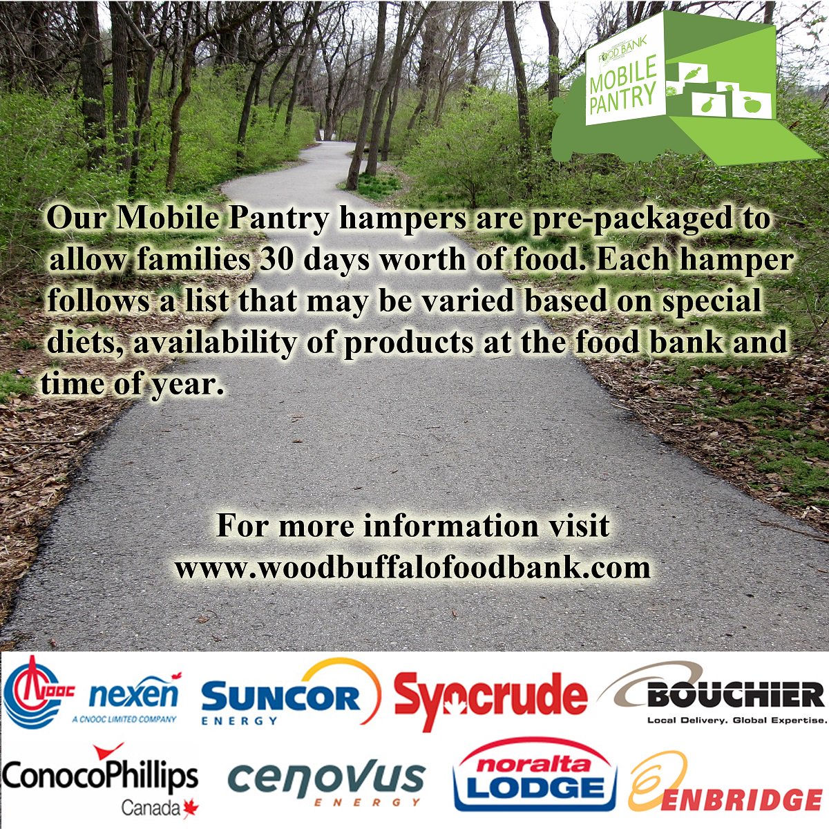 Our Mobile Pantry program services 5 rural communities in the RMWB. Call if you live in those areas &amp; need assistance. #ymm #rmwb #outreach