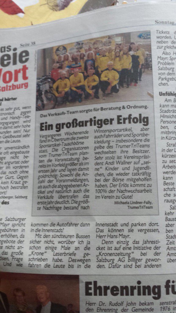 trumertriteam's tweet photo. Super Presseecho zu unserer 2.Sportartikel-Börse #TrumerTriTeam #krone #Obertrum #triathlon https://t.co/cyCiMyIK4c