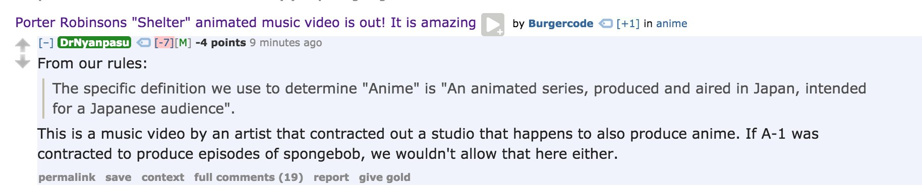 porter robinson on X: the mods of /r/anime have removed a 98% upvoted  front-page reddit post of Shelter with this insane explanation, really  really heartbreaking  / X