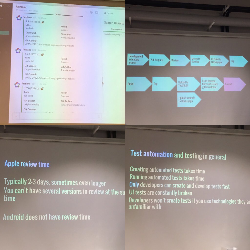 walokra's tweet photo. Continuous delivery for mobile apps has solvable hurdles, @RamiRantala from @ZalandoTech at #DevOpsFinland meetup. Automate all the things! https://t.co/EWIC92L7Zo