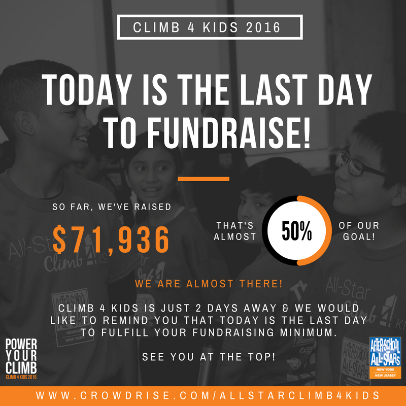 Climb4Kids2016's tweet photo. C4K is 2 days away &amp; today is the last day to meet your fundraising minimum. Set your goals high &amp; don't stop until you get there! #C4K16 https://t.co/gmN6iaKjiO