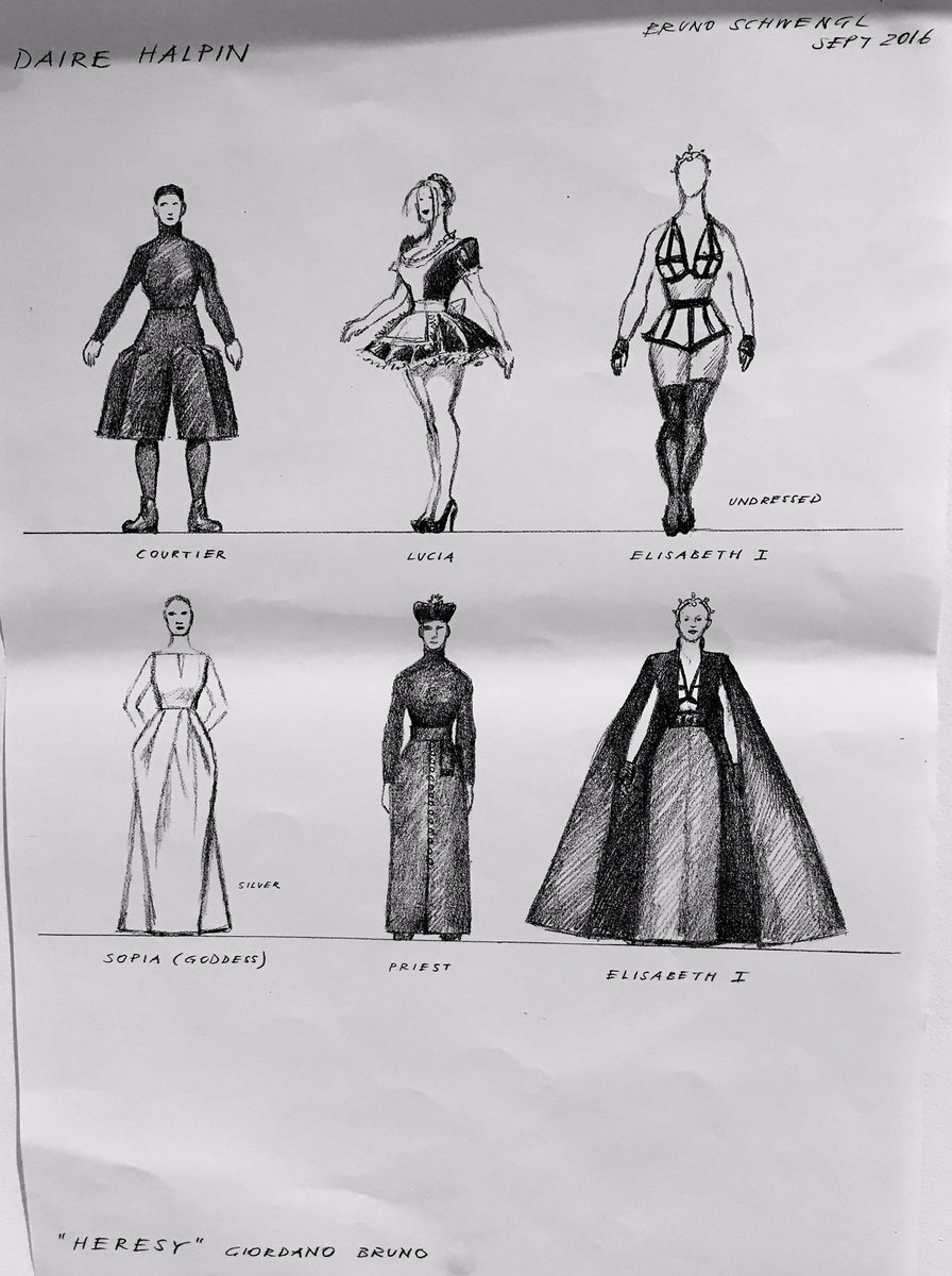 heresyopera's tweet photo. We love these costume sketches by Bruno Schwengl for @dairehalpin who plays, among other roles, Queen Elizabeth I #Project50 #GiordanoBruno https://t.co/Xjl88rnxMr