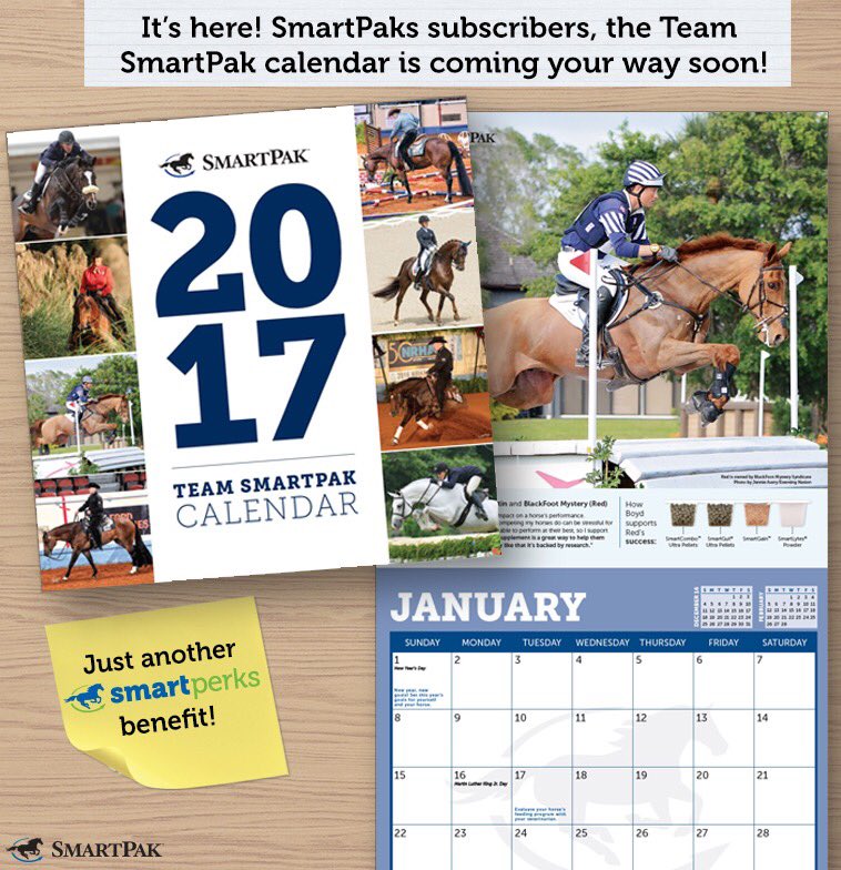 SmartPak's tweet photo. It’s here, it’s here! #TeamSmartPak calendars are being sent out to SmartPaks subscribers! Have you gotten yours yet? https://t.co/jdBkpI2ZS5