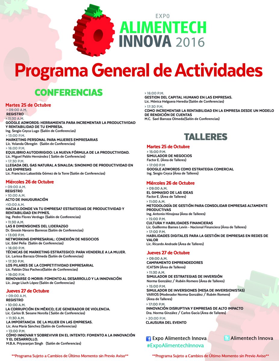 ExpoAlimentech's tweet photo. Te compartimos el Programa de las actividades que se realizaran en #ExpoAlimentechInnova 2016. https://t.co/V04htE9A3L