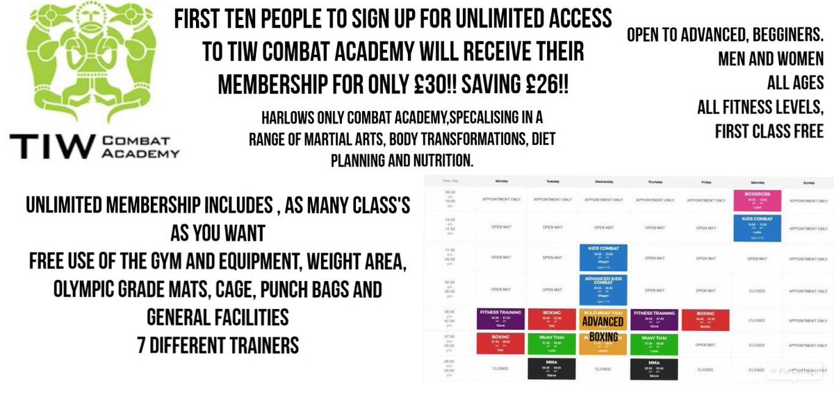 TIW_MMA's tweet photo. extending our special £30 deal!! saving £26!! all the class's included and free use of gym and equipment!! #harlow #combat #martialarts #fit https://t.co/7Gszt7bav5