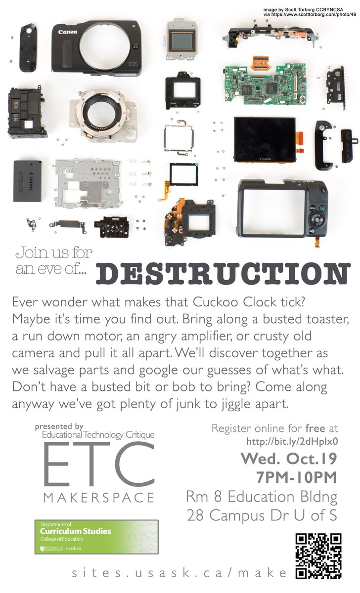 eppjordan's tweet photo. Come pull stuff apart tomorrow night with the ETC Makerspace Group at #USask https://t.co/DxgWZK5uBQ