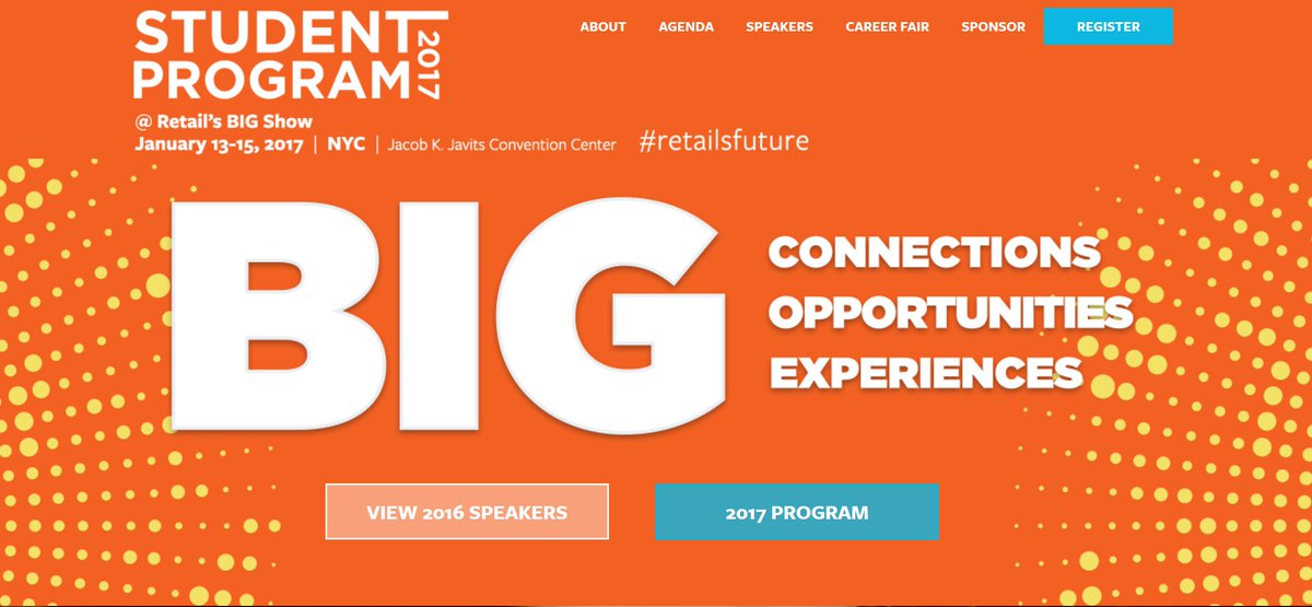 NRFFoundation's tweet photo. Mark your calendars! The Student Program at Retail's BIG Show is Jan. 13 thru Jan. 15, 2017! https://t.co/B1Rfvz5EUU https://t.co/wPEocPFvHo