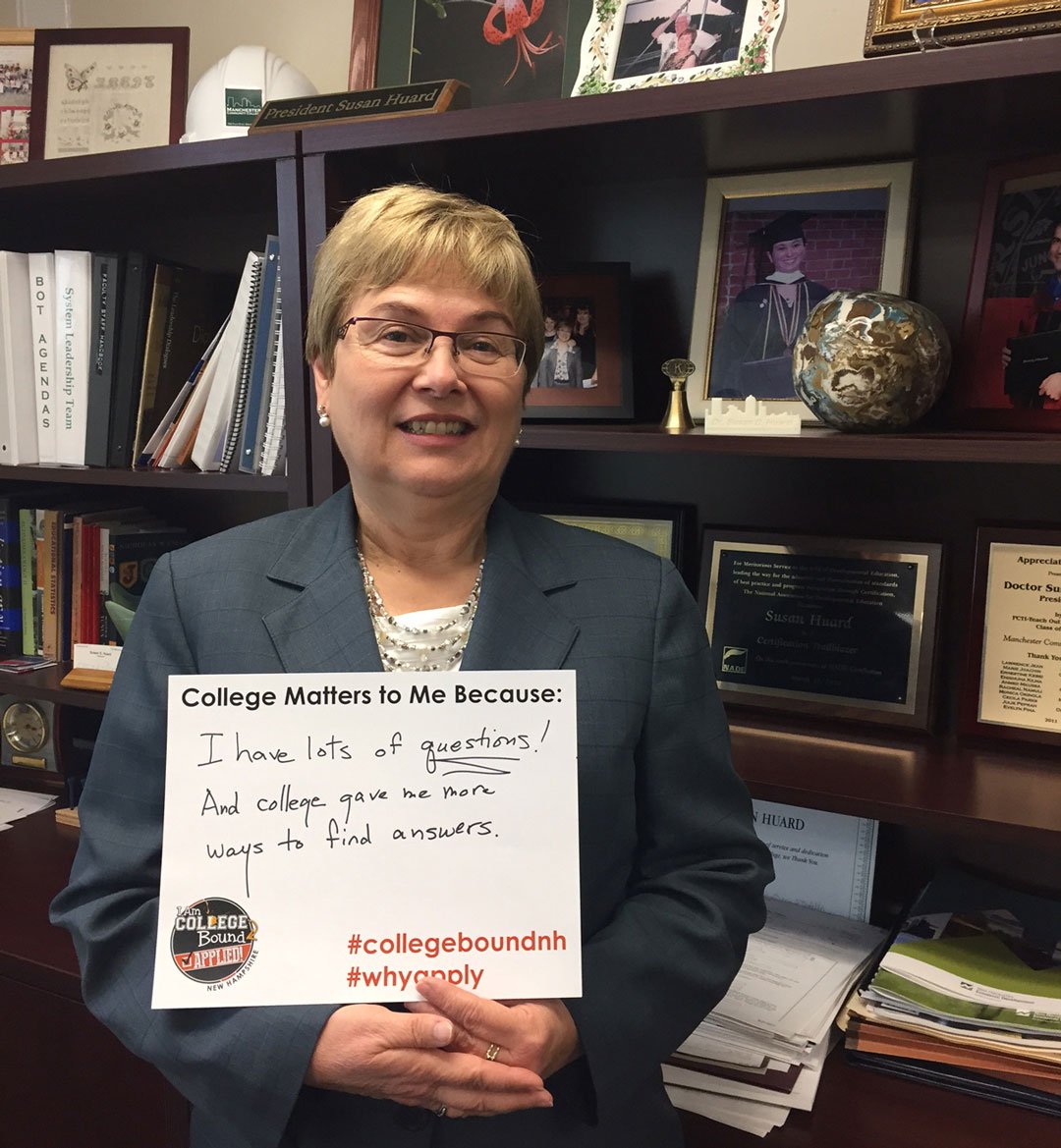MCC President Susan Huard, “I have lots of questions! College gave me more ways to find answers.” #collegeboundnh bit.ly/2dxYEux