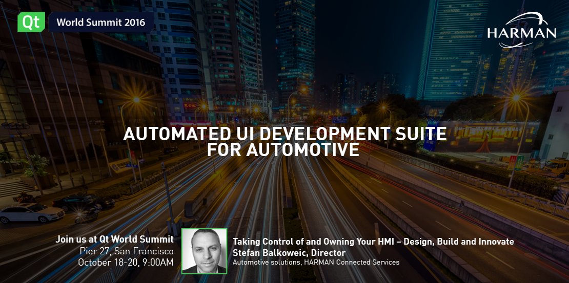 HARMANservices's tweet photo. We‘ll be at #QtWS16! Catch a framework that helps in the creation of connected IVI systems with Stefan Balkoweic: https://t.co/EouOFlOzvY https://t.co/nEqOH3Loav