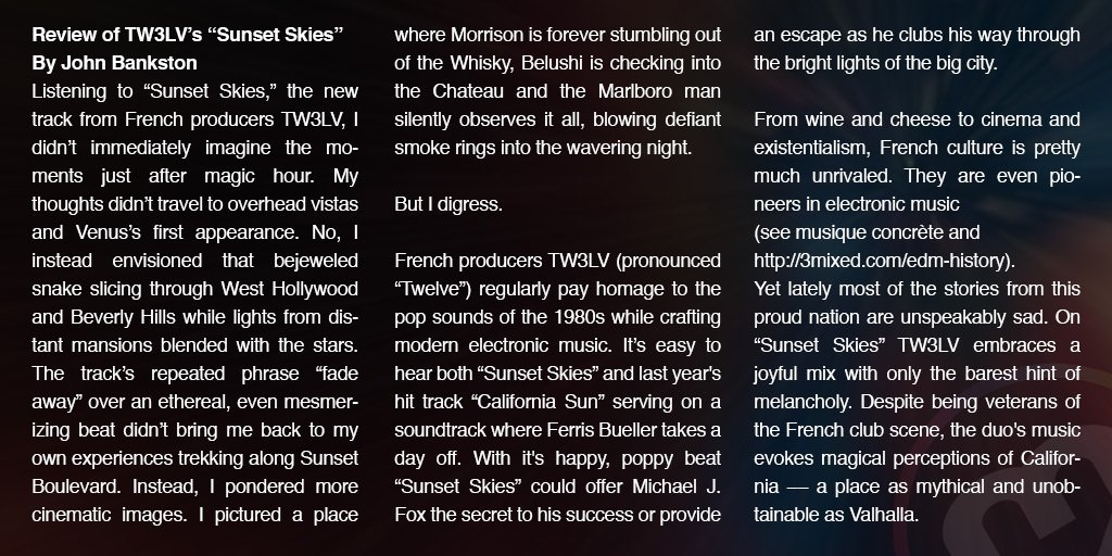 3MixedDotCom's tweet photo. TW3LV - Sunset Skies [REVIEW] https://t.co/bahnDMLvB1 #edmreviews #electronicmusic #chill @TW3LV @dirtysoulmusic https://t.co/Noy6cUEJAS