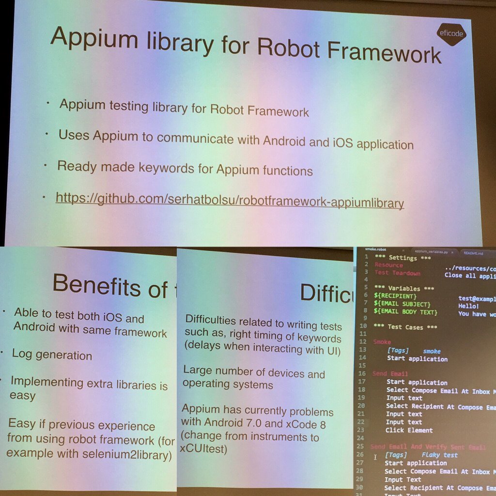 walokra's tweet photo. You can use #RobotFramework with #Appium for testing iOS and Android mobile apps. Nice intro at #DevOpsFinland meetup. Alt to native tests? https://t.co/h0fc9tQjDz