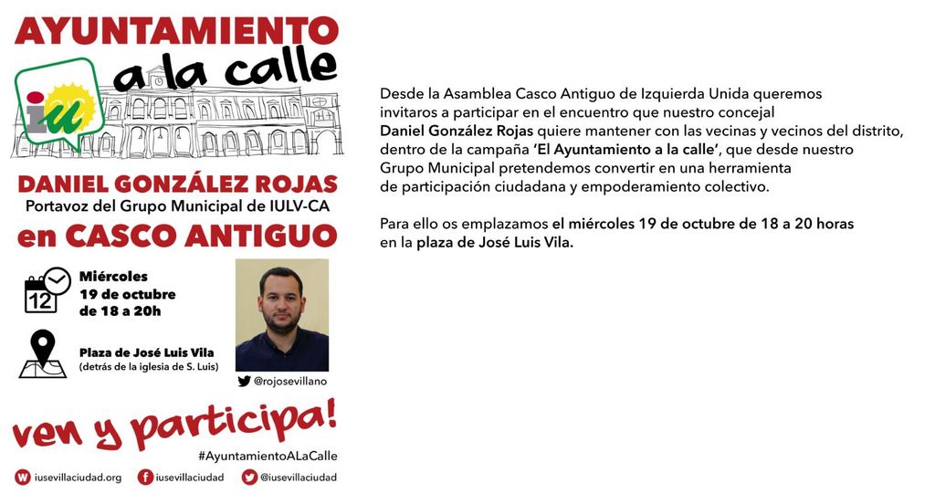 CaraujoCARMEN's tweet photo. Ayuntamiento a la calle,Concejal IU Daniel atenderá l@s vecin@s del Distrito Casco Antiguo.Ve y lleva tus propuestas https://t.co/eeaSZYX0jw