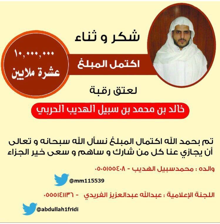 اللهم لك الحمد أولاً وآخراً ..
نشكر كل من شارك في الحملة من حسابات فخوذ الفردة وكذلك مجالس الفردة وجميع حسابات حرب . 
'
 #خالد_الهديب_الحربي