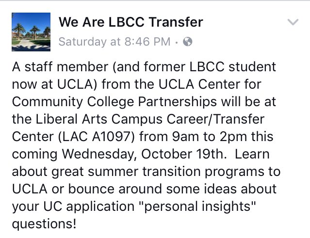 LbccTransfer's tweet photo. A staff member from the UCLA Center for Community College Partnerships will be at LBCC tomorrow!!! #CCCP_UCLA #BruinTransfer #LBCCTransfer https://t.co/j8oGjBppiW