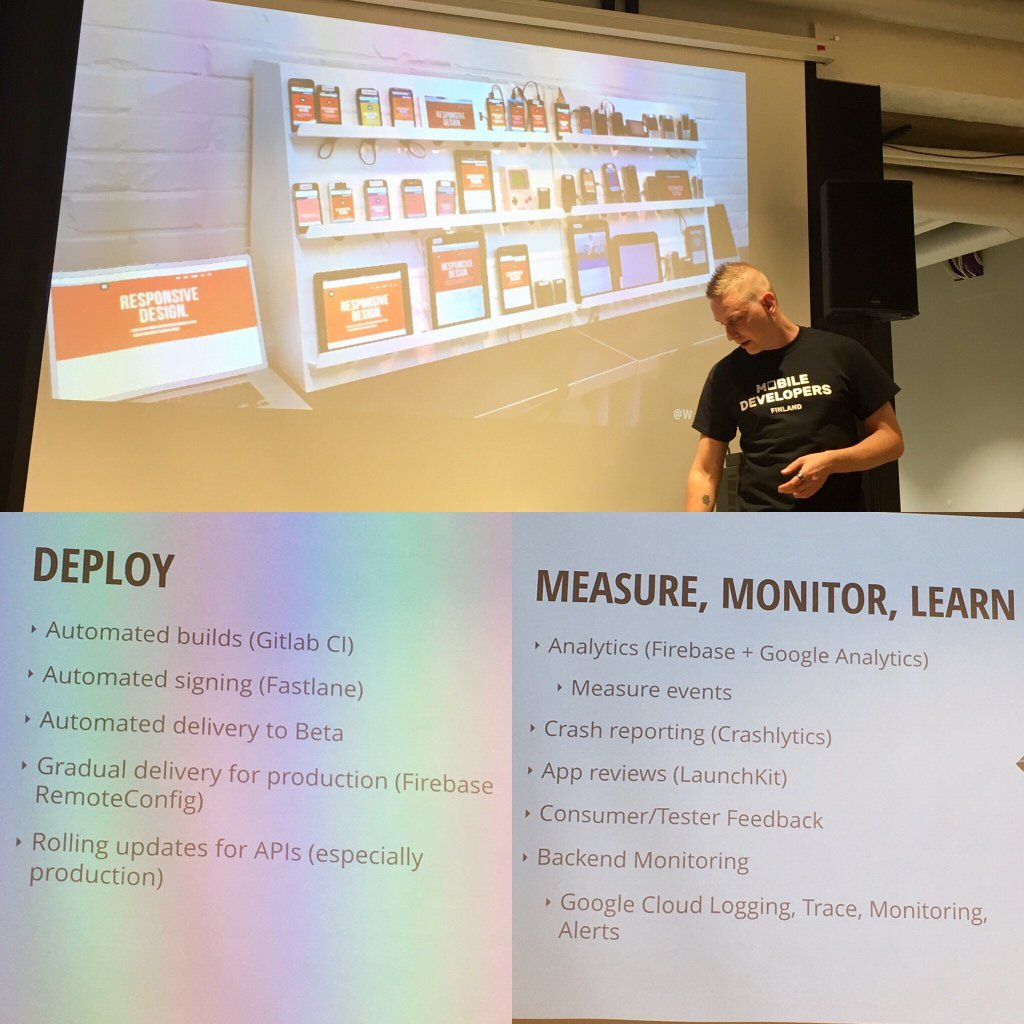 walokra's tweet photo. Efficient #mobiledev cycle looks similar to web but just with different tools as @W_I tells at #DevOpsFinland meetup. Nice tool suggestions. https://t.co/IJRntMbiaZ
