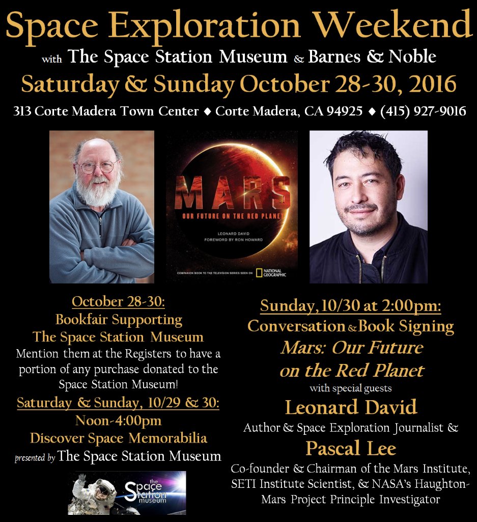 BNCorteMadera's tweet photo. Sunday 10/30 @ 2pm: #Mars book convo/signing w. #LeonardDavid & #DrPascalLee! #science #space #bnbayarea #bnbuzz
https://t.co/I4WOmN05x5 https://t.co/2mkeu2mGuF