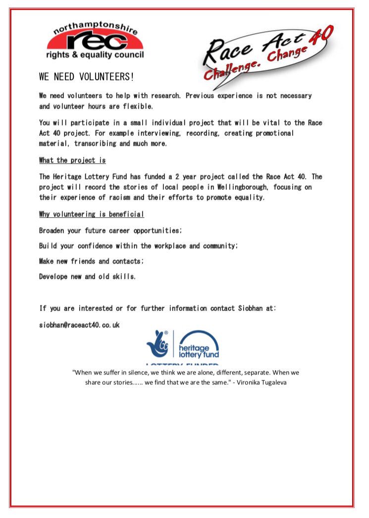 RaceAct40's tweet photo. #Volunteers needed in Wellingborough & Northampton #research #design #WebsiteDesigning #oralhistory #promitions #editing #recording https://t.co/qdUDDqf3nQ
