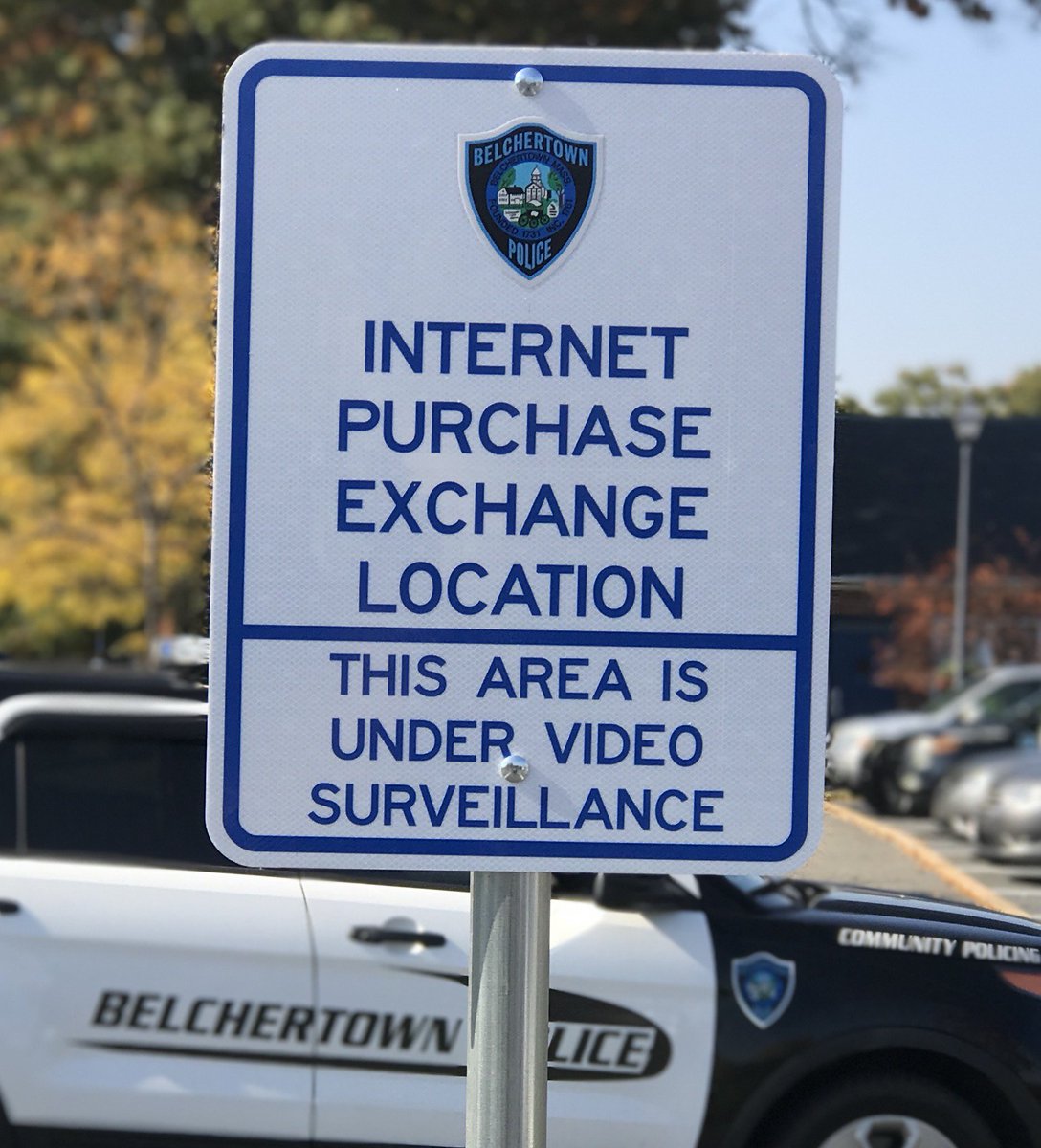 BelchertownPD's tweet photo. We are proud to announce our “Internet Exchange Location” in the front parking lot of the Belchertown Police Department. https://t.co/hHYdfzcp5U