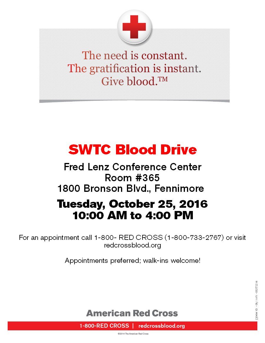 swtc's tweet photo. SWTC Blood Drive is in one week! Tuesday, October 25th from 10a-4p n the Lenz Center #GiveBlood #GiveLife https://t.co/mtmvkmoyfD