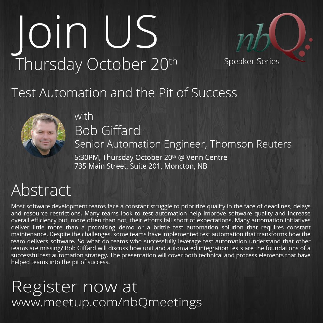nbQuality's tweet photo. Register now for a great evening of Test Automation and the Pit of Success! Everyone welcome! https://t.co/TusSviv7Zl https://t.co/a1Dzf1zE3D