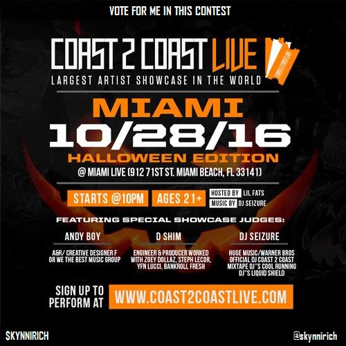 Vote for me to perform at #Miami Halloween Edition 10/28/16! https://t.co/PXYCv6XaWo #Coast2Coast https://t<a href="/tag/miami"class="tags">#Miami</a><a href="/tag/coast2coast"class="tags"><span>#coast2coast</span></a>
