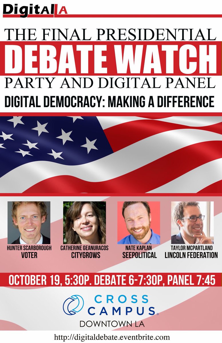 DigitalLA's tweet photo. 🇺🇸Free RSVP Debate and #DigitalDemocracy panel w @voter @seepolitical @CityGrows @LincolnOrg at @CrossCampusLA 10/19 https://t.co/sJ8G5nvMMv https://t.co/h4ruAdvnau
