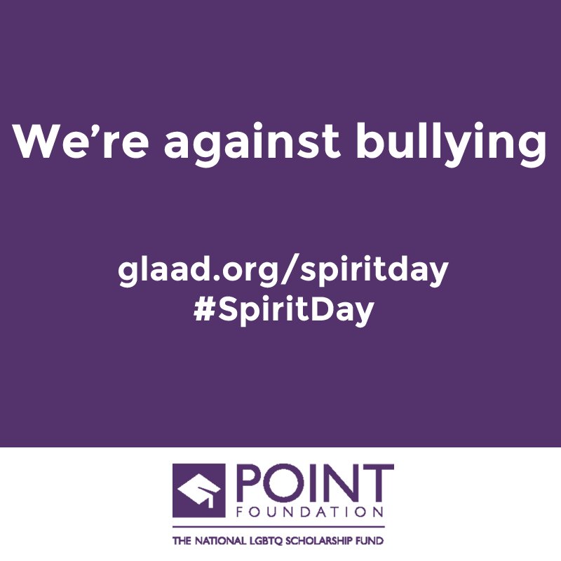 PointFoundation's tweet photo. It's #SpiritDay and we're against #LGBTQ bullying! Visit our friends at @GLAAD to see how you can get involved. https://t.co/KyKEJJICmv