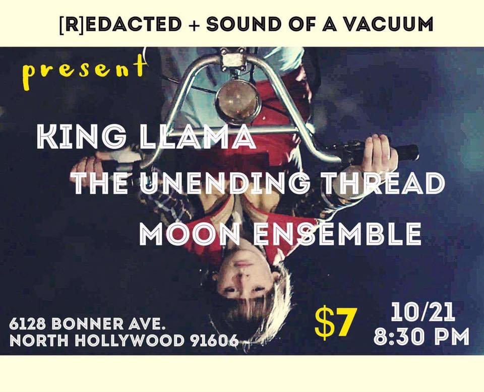 KingllamaMusic's tweet photo. ALL AGES Halloween show this Friday at #Bonnerhaus in #NoHo. @UnendingThread + #MoonEnsemble join us! https://t.co/YfnoBiDT1t https://t.co/5SYz4EU4bT