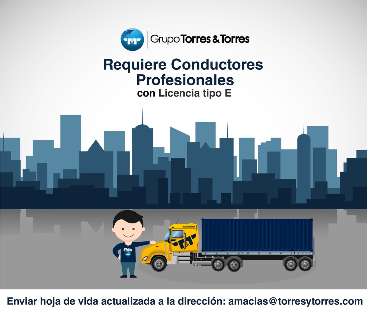 gtorresytorres's tweet photo. #TeamTyT
Solicitamos Conductores profesionales con licencia Tipo E.
Enviar Hoja de vida al correo electrรณnico: amacias@torresytorres.com https://t.co/v1KbB7Voqb