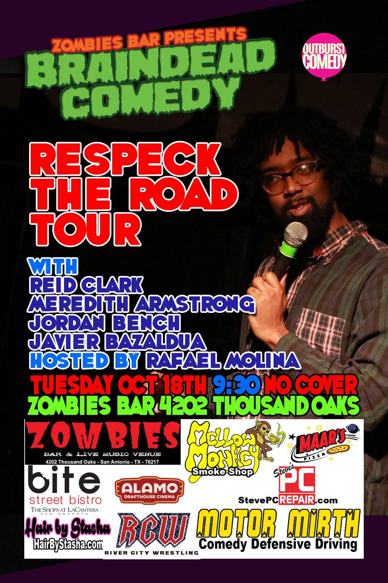 y2koolaid's tweet photo. #BraindeadComedy Tonight #SanAntonio @ZombiesBar1 w @ReidClarkComedy https://t.co/u90CeaoGXy
