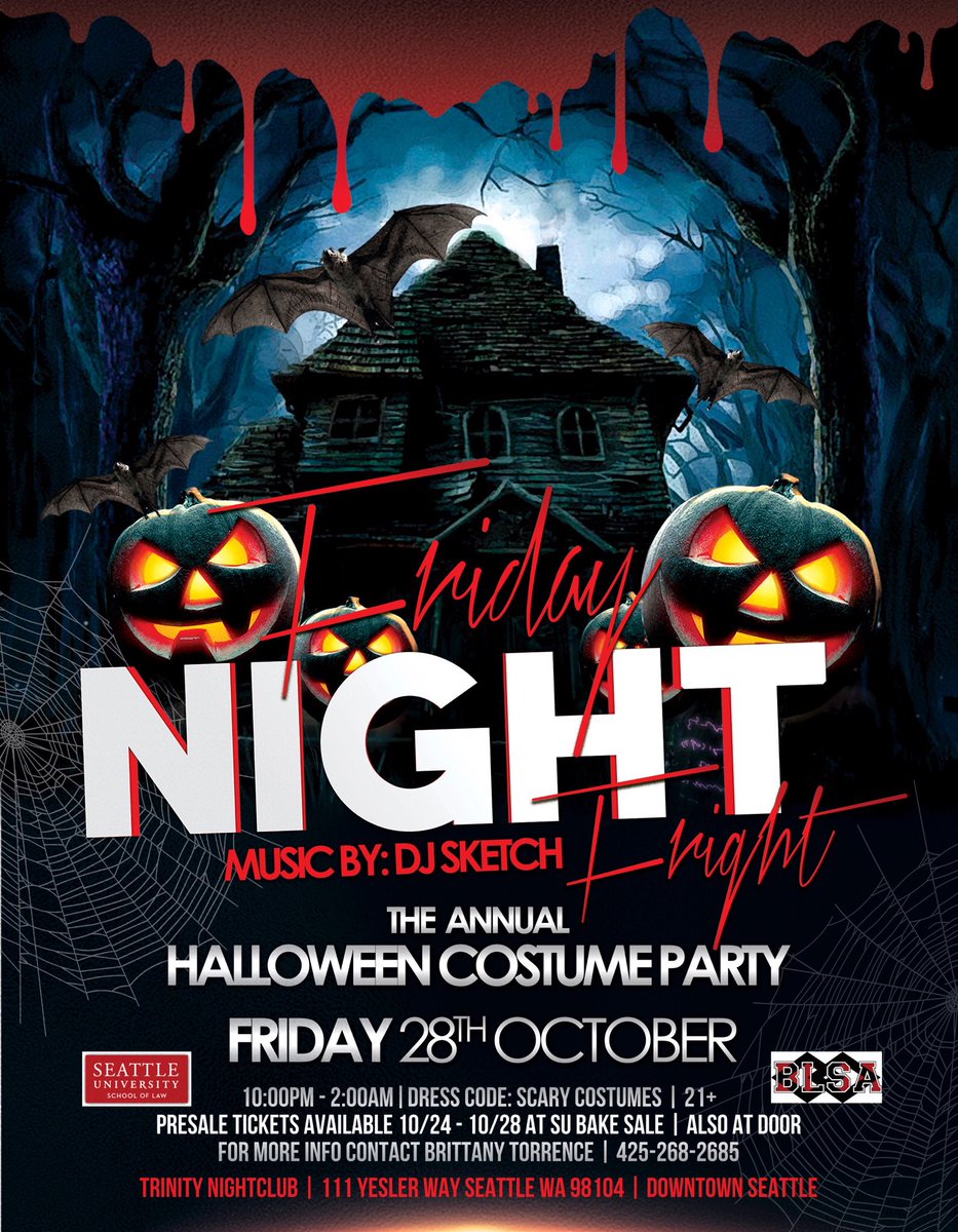SUBLSACHAPTER's tweet photo. The 3rd Annual SU Black Law Student Association (BLSA) Halloween Party at Trinity Nightclub. Hit up @Corddaryl if you need pre sale tickets. https://t.co/VUBl3XkH69